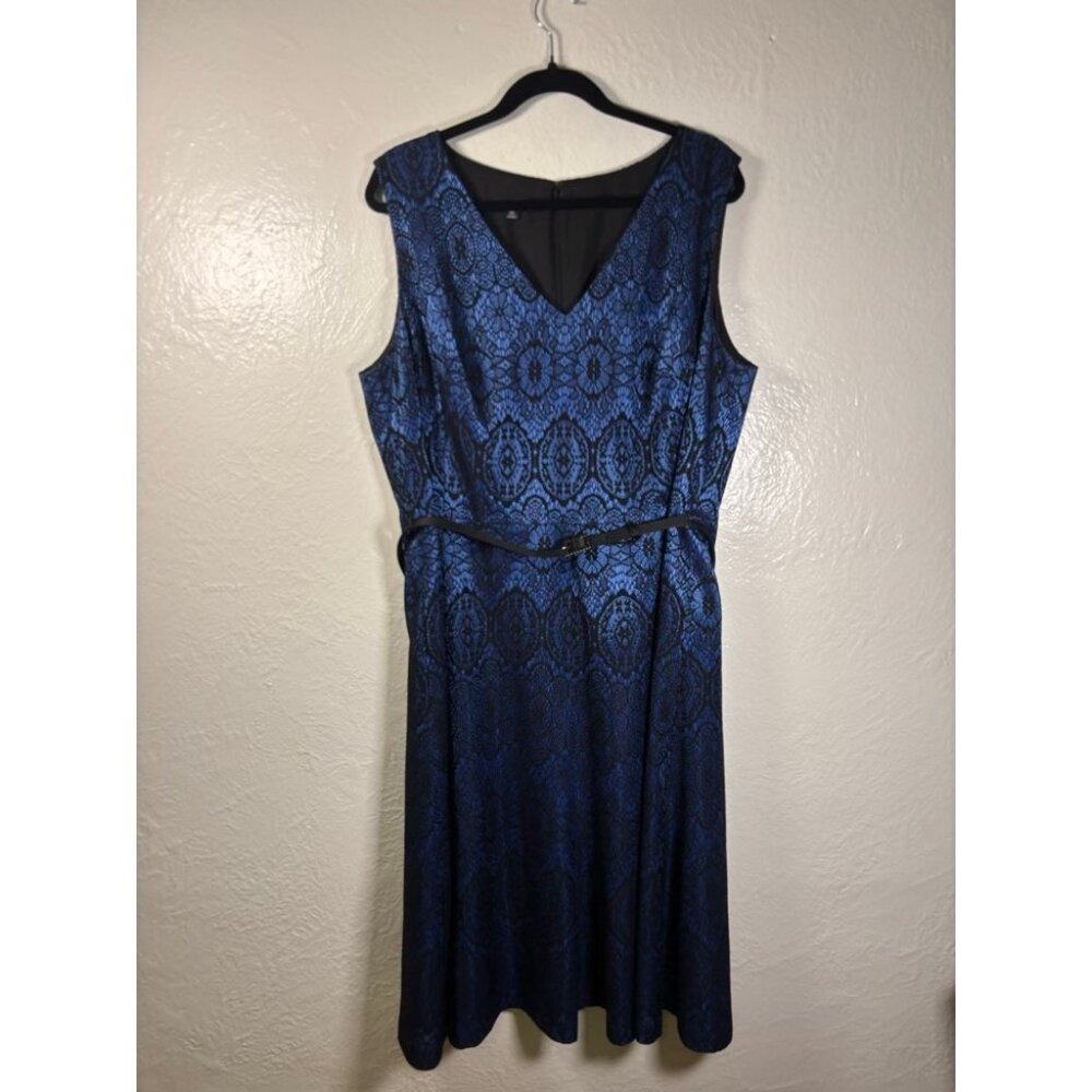 Jones New York Dress 18 Blue Black Lace Overlay Wedding Guest Date Night Office